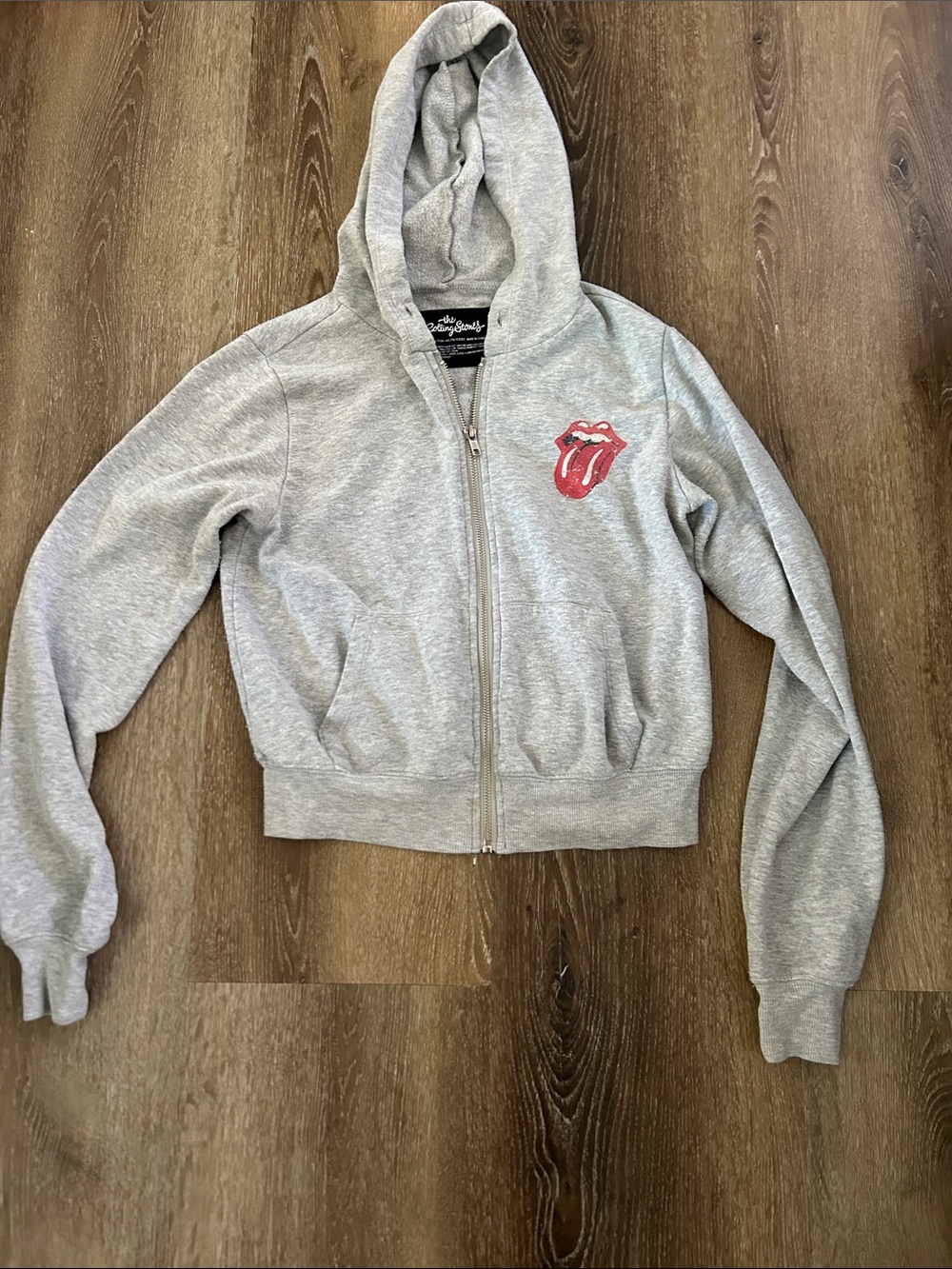 the Rolling Stones Light Gray Zip Hoodie with Red Tongue Logo